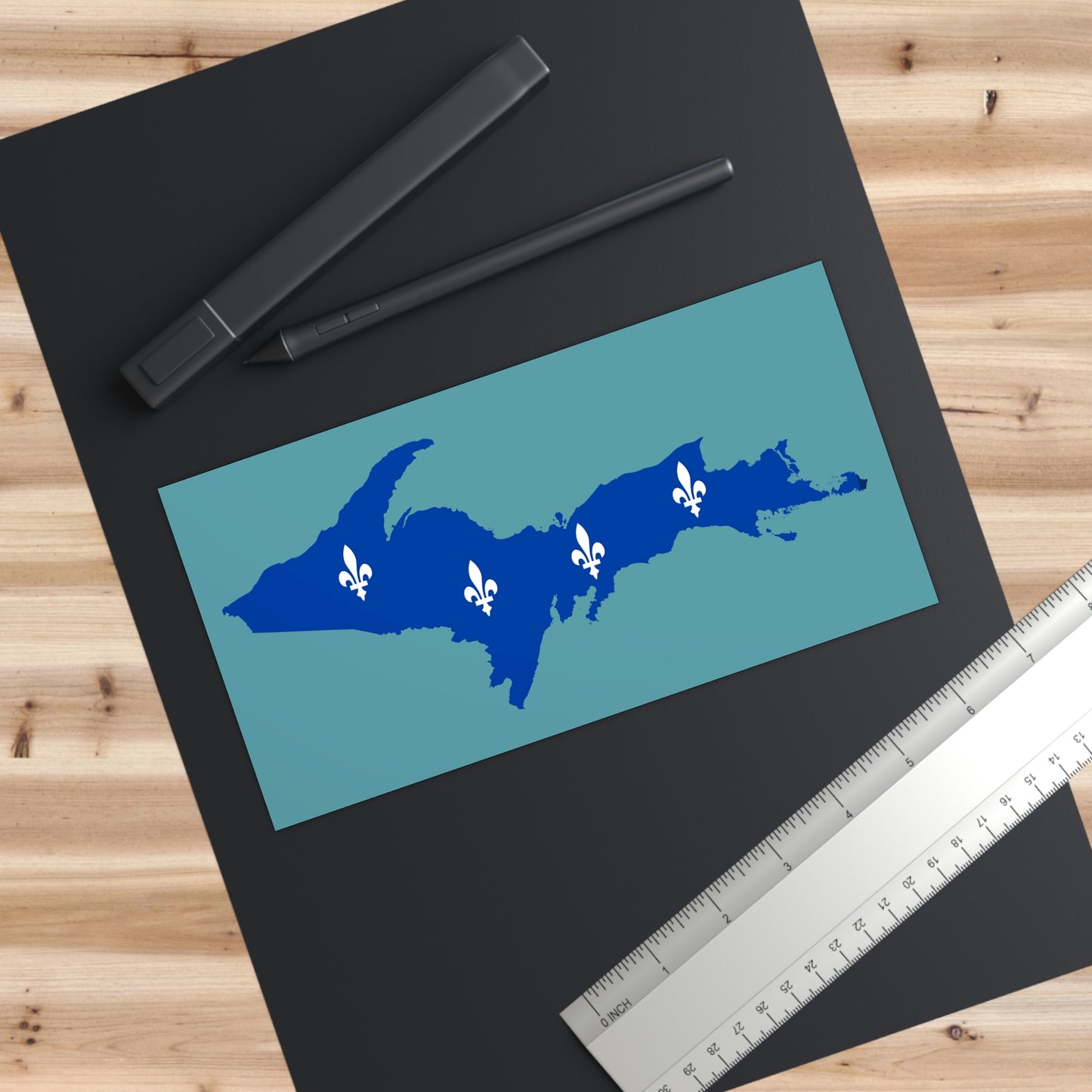 Michigan Upper Peninsula Bumper Stickers (w/ UP Quebec Flag Outline) | Huron Blue Background