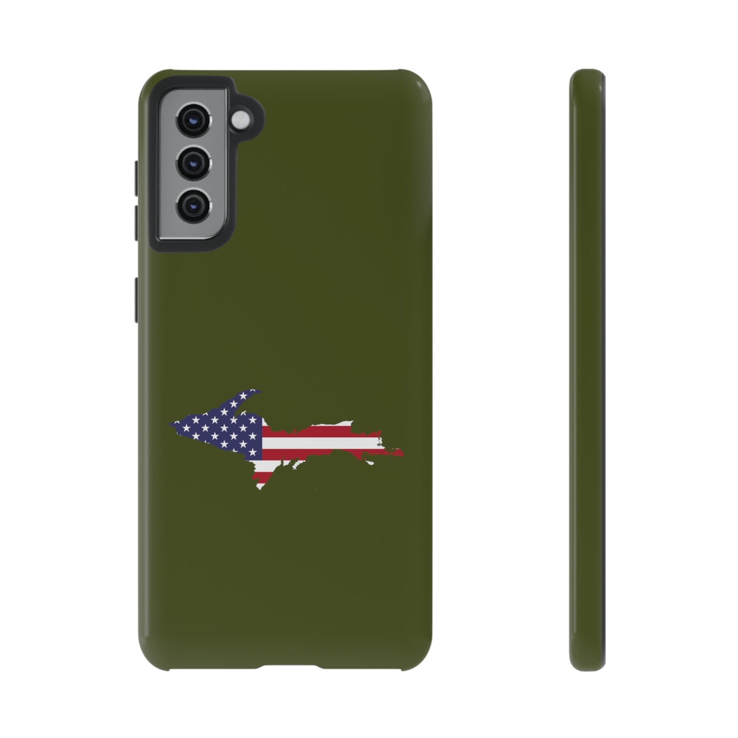 Michigan Upper Peninsula Tough Phone Case (Army Green w/ UP USA Flag Outline) | Samsung & Pixel Android