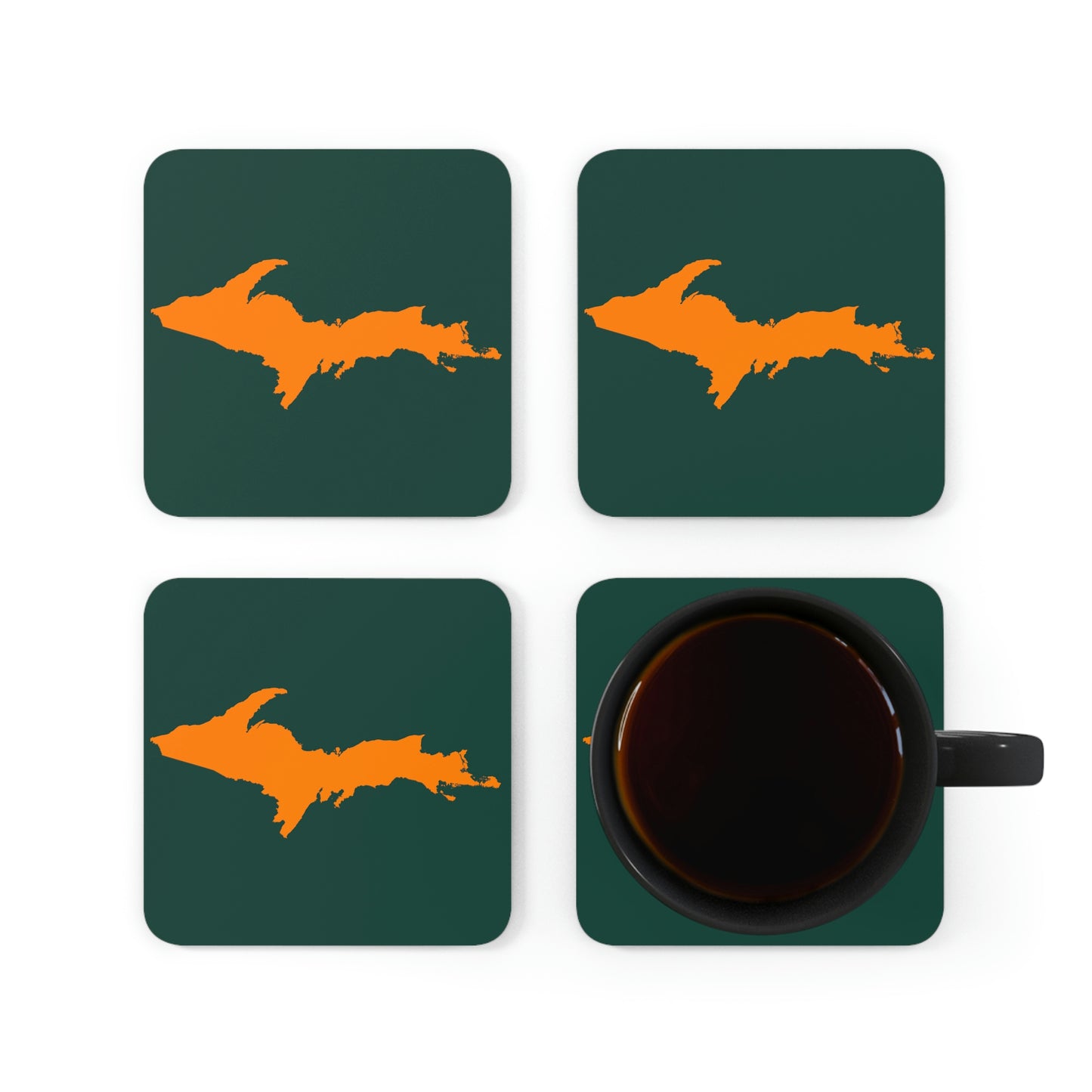 Michigan Upper Peninsula Coaster Set (Green w/ Orange UP Outline) | Corkwood - 4 pack