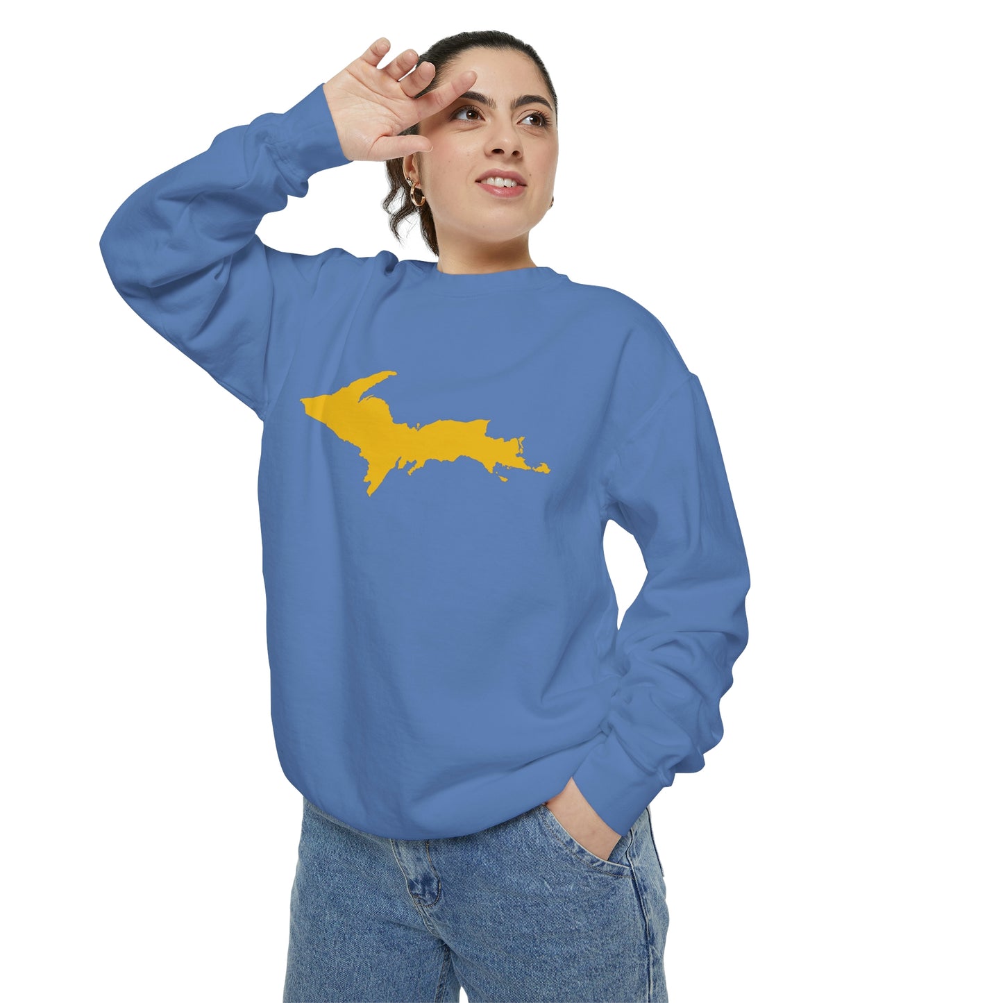 Michigan Upper Peninsula Sweatshirt (w/ Gold UP Outline) | Unisex Garment Dyed