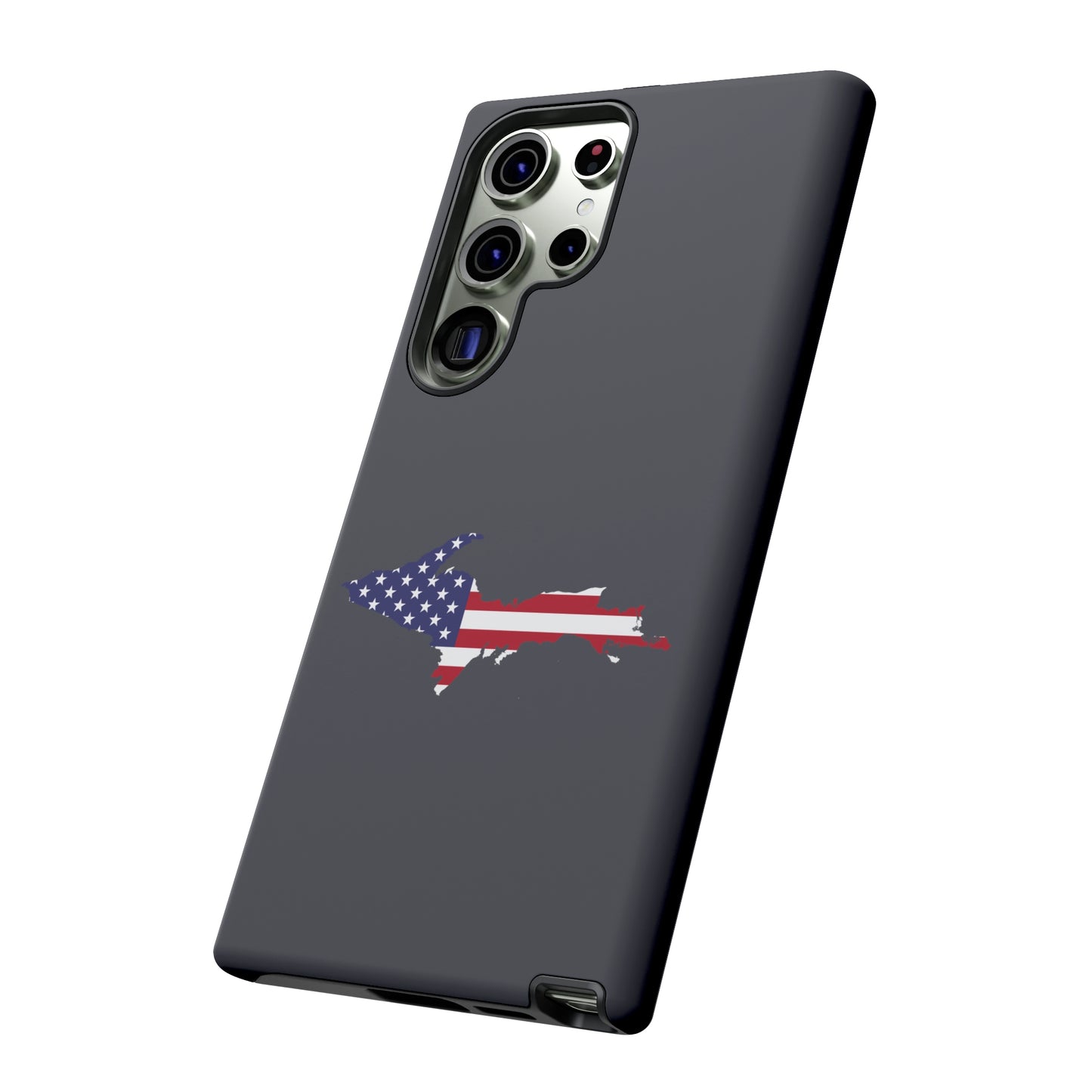 Michigan Upper Peninsula Tough Phone Case (Iron Ore Grey w/ UP USA Flag Outline) | Samsung & Pixel Android