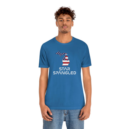 Michigan 'Star Spangled' T-Shirt (Space Agency Font w/ MI USA Flag Outline) | Unisex Standard Fit