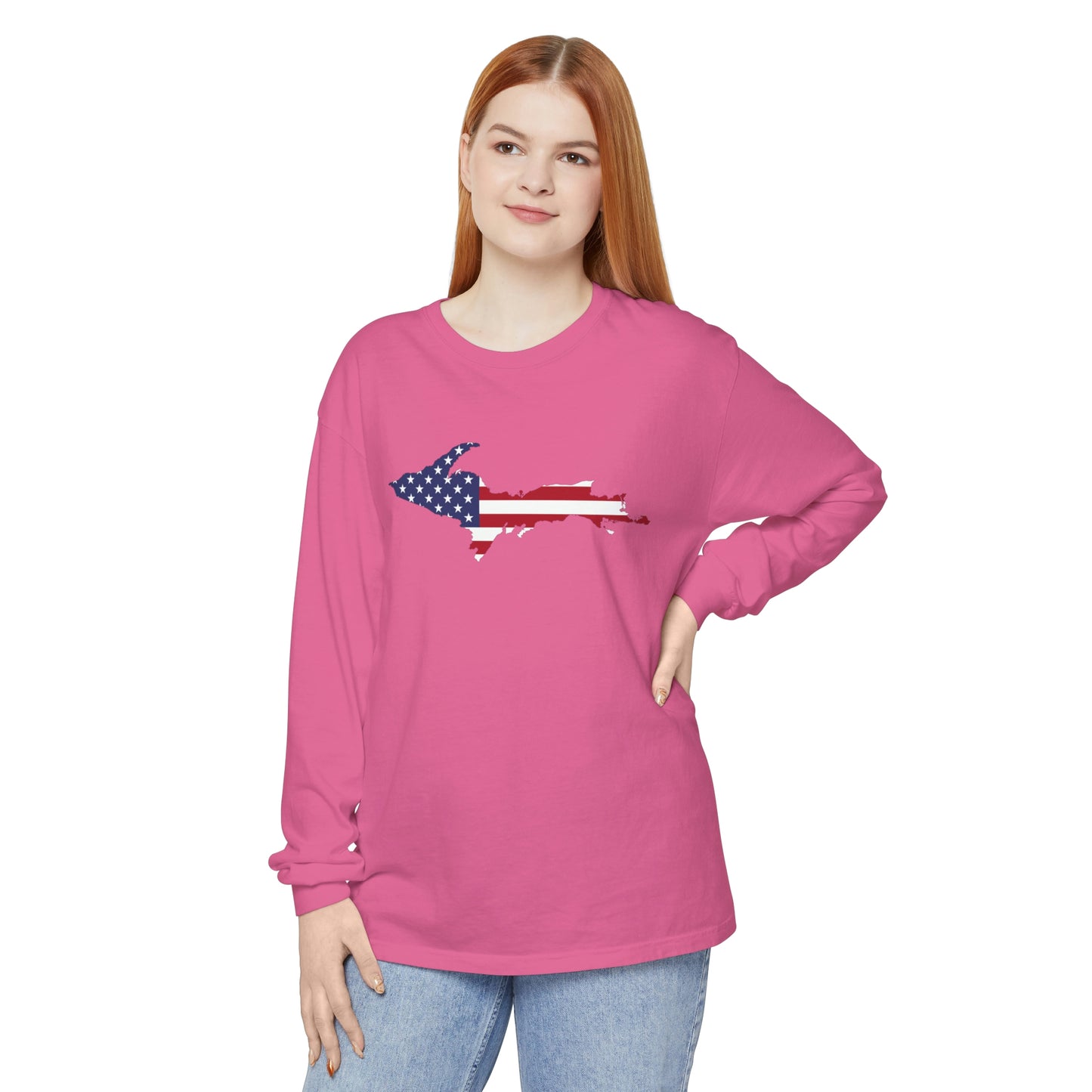 Michigan Upper Peninsula Garment-Dyed T-Shirt (w/ UP USA Flag Outline) | Unisex Long Sleeve