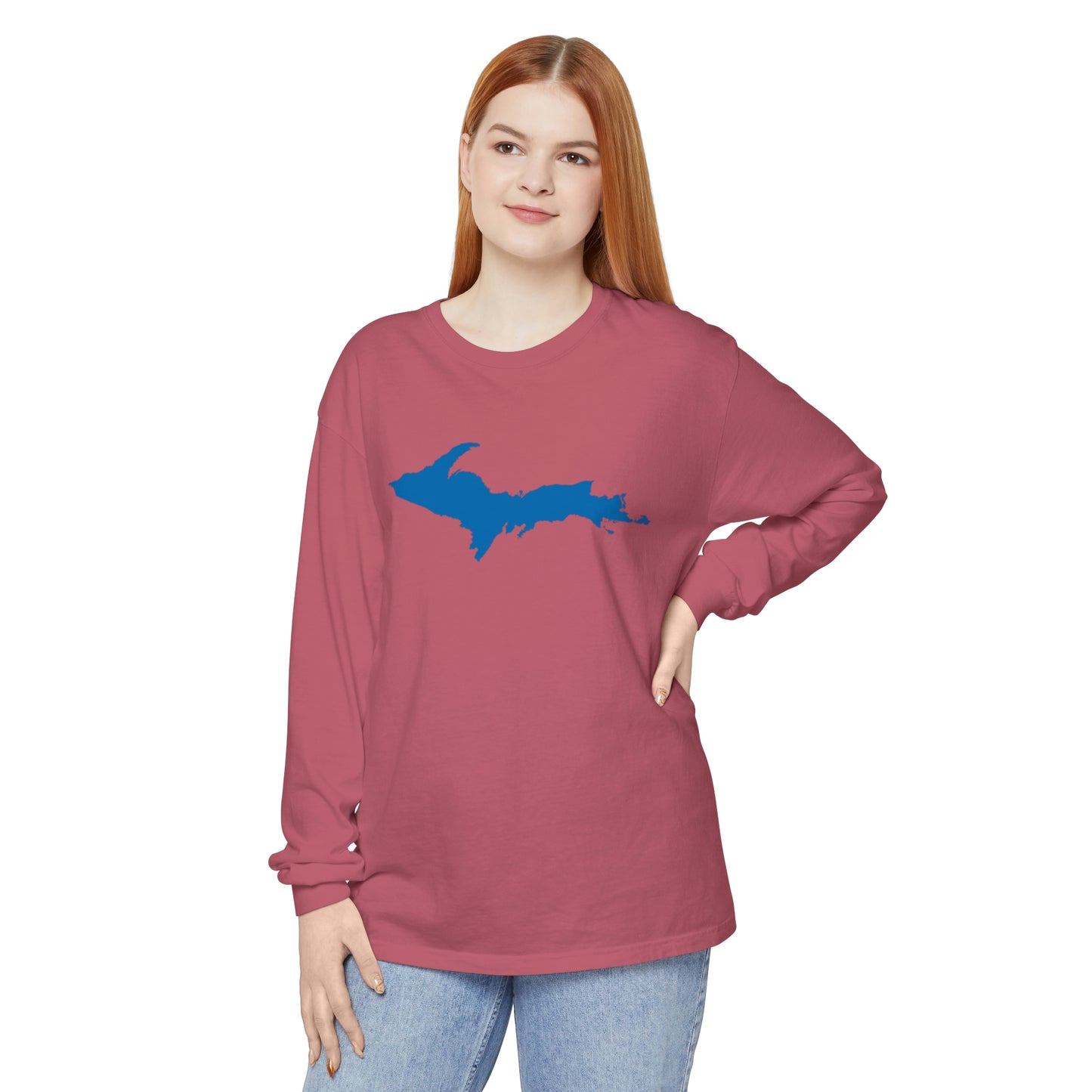 Michigan Upper Peninsula Garment-Dyed T-Shirt (w/ Azure UP Outline) | Unisex Long Sleeve