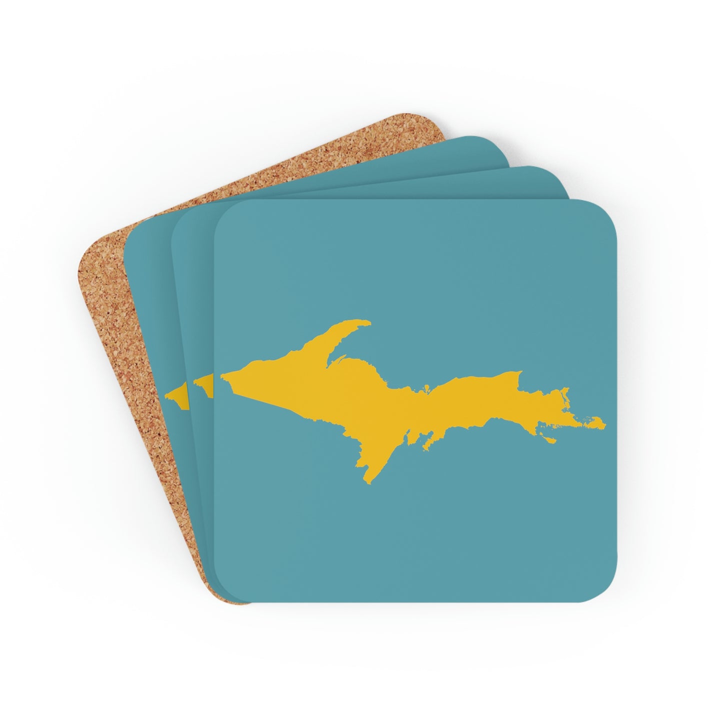 Michigan Upper Peninsula Coaster Set (Huron Blue w/ Gold UP Outline) | Corkwood - 4 pack