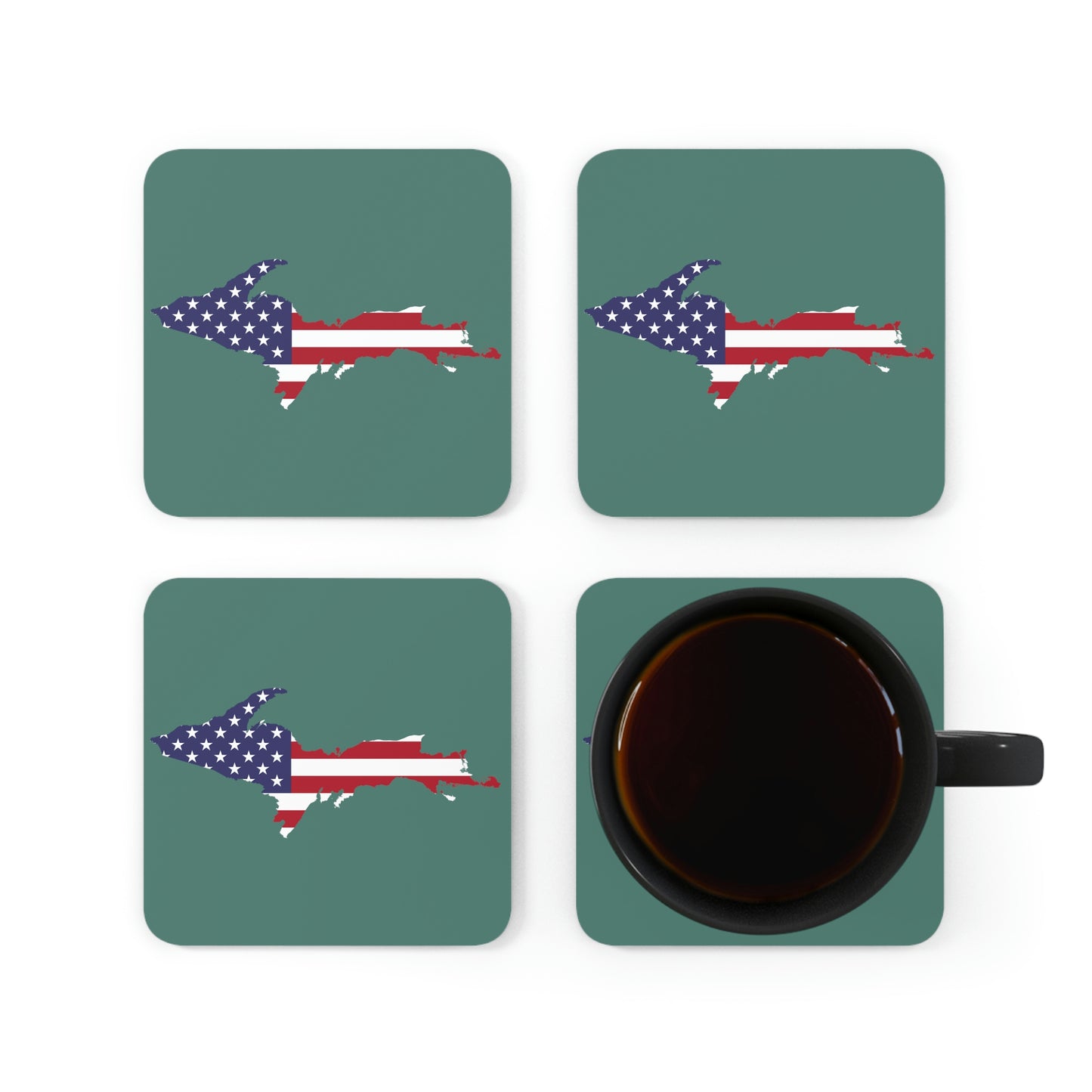 Michigan Upper Peninsula Coaster Set (Copper Green w/ UP USA Flag Outline) | Corkwood - 4 pack