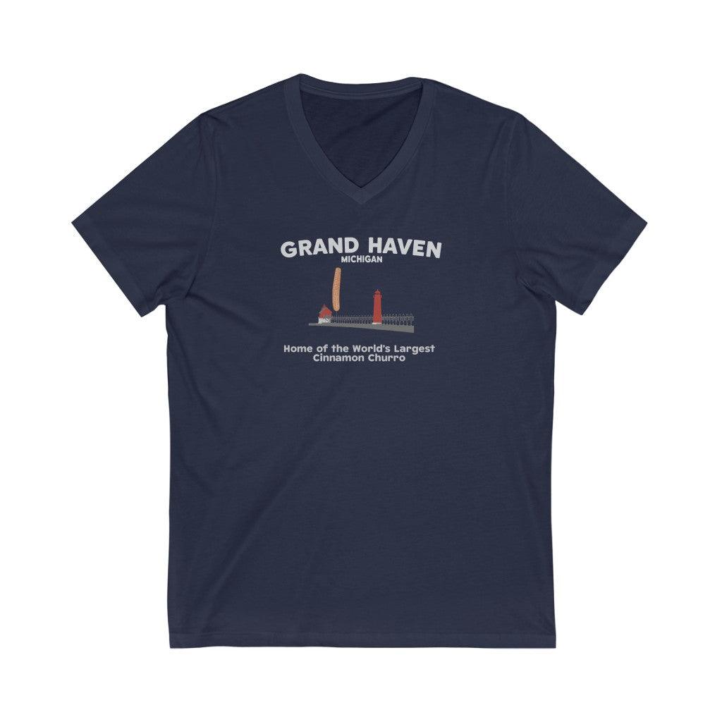 'Grand Haven - Home of the World's Largest Cinnamon Churro' T-Shirt | Unisex V-Neck - Circumspice Michigan