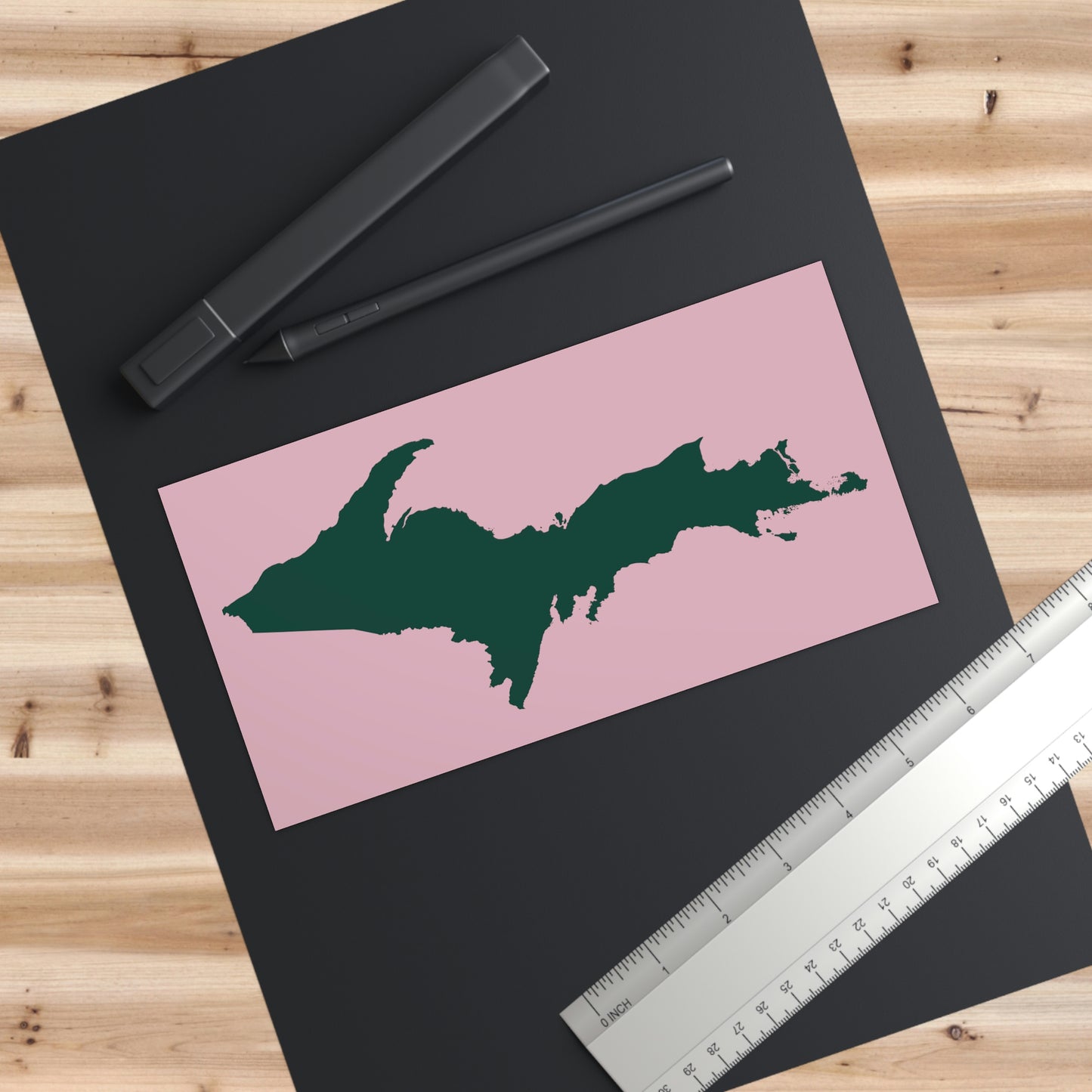 Michigan Upper Peninsula Bumper Sticker (w/ Green UP Outline) | Pink Background