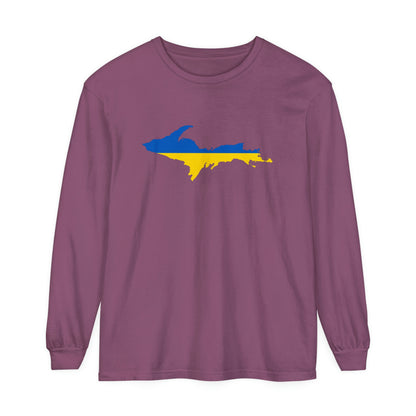 Michigan Upper Peninsula Garment-Dyed T-Shirt (w/ UP Ukraine Flag Outline) | Unisex Long Sleeve