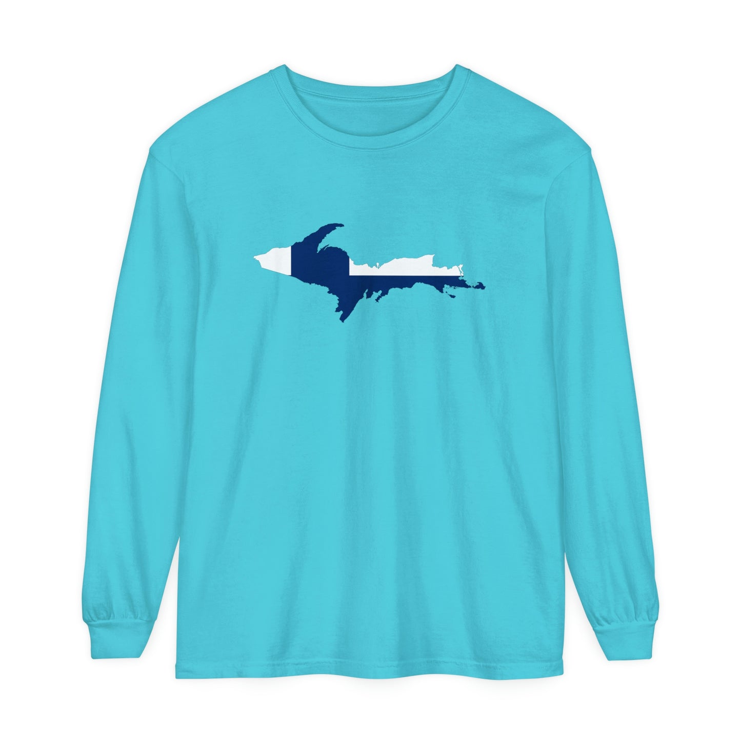 Michigan Upper Peninsula Garment-Dyed T-Shirt (w/ UP Finland Flag Outline) | Unisex Long Sleeve