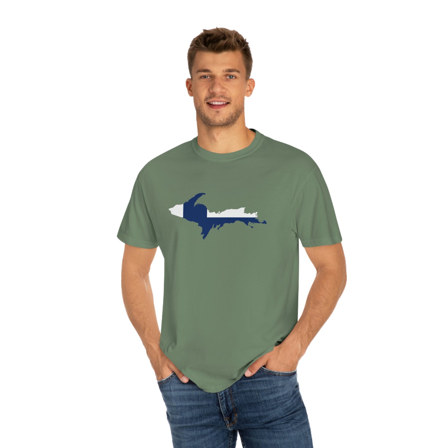 Michigan Upper Peninsula T-Shirt (w/ UP Finland Flag Outline) | Unisex Garment-Dyed