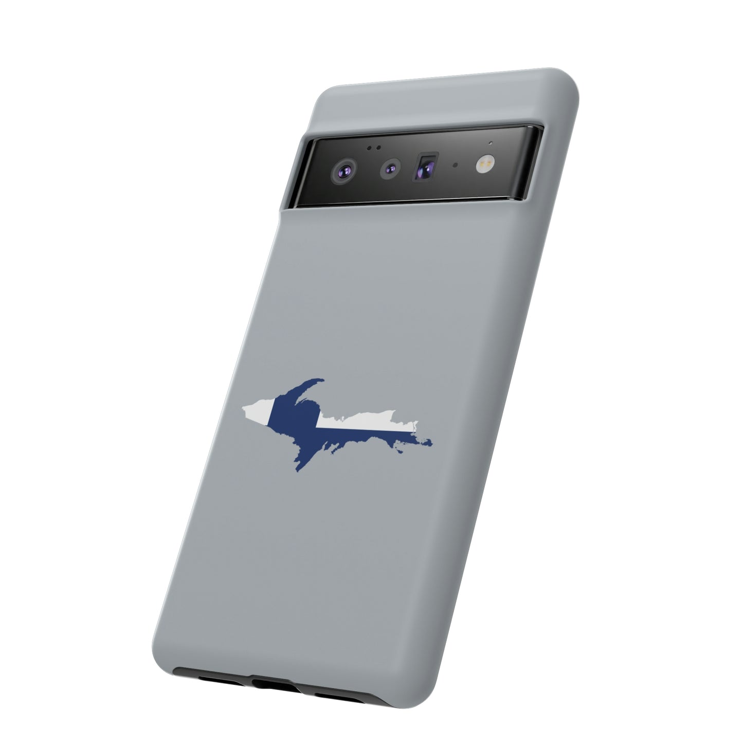 Michigan Upper Peninsula Tough Phone Case (Silver w/ UP Finland Flag Outline) | Samsung & Pixel Android