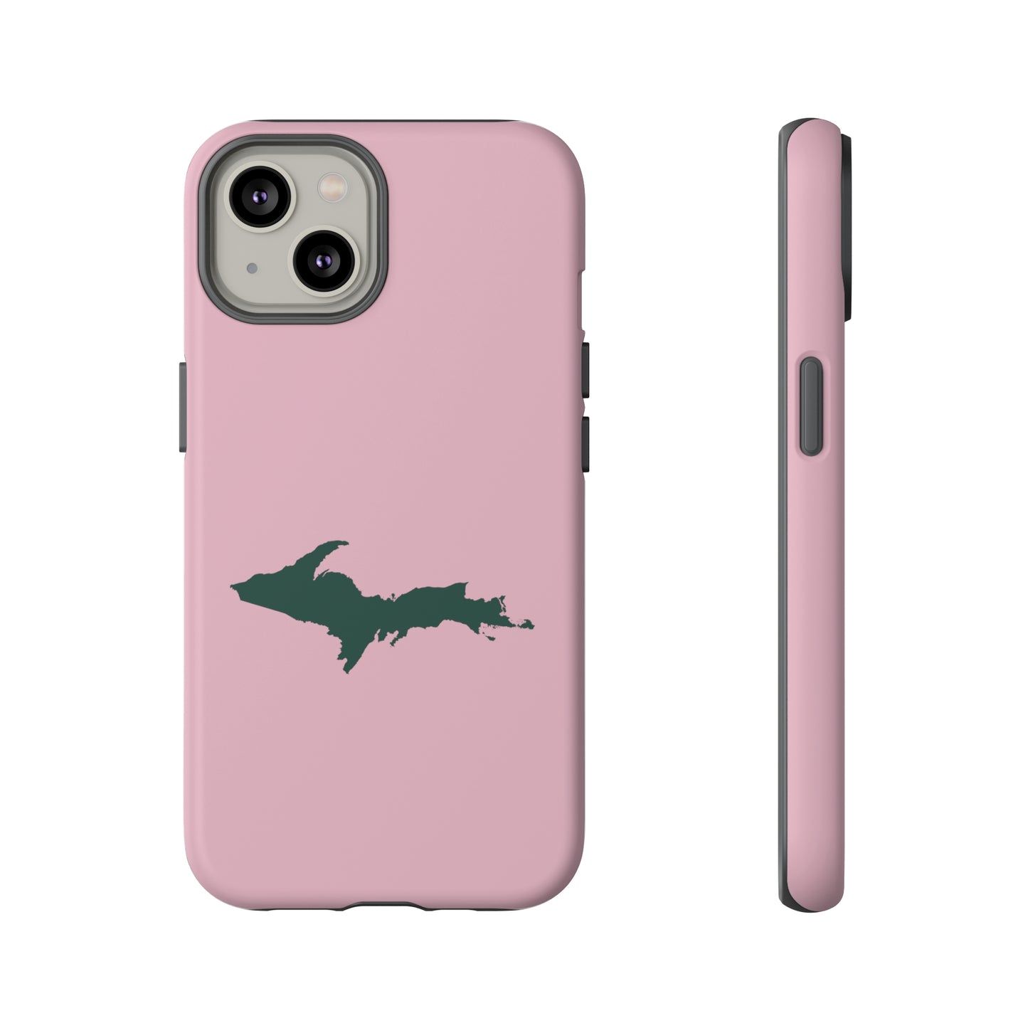 Michigan Upper Peninsula Tough Phone Case (Pink w/ Green UP Outline) | Apple iPhone