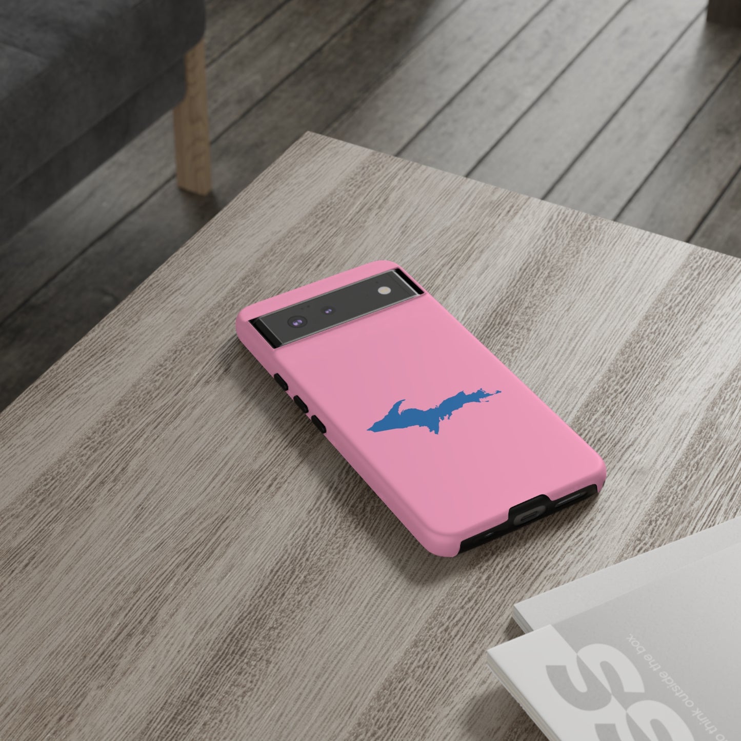 Michigan Upper Peninsula Tough Phone Case ('67 Caddie Pink w/ Azure UP Outline) | Samsung & Pixel Android