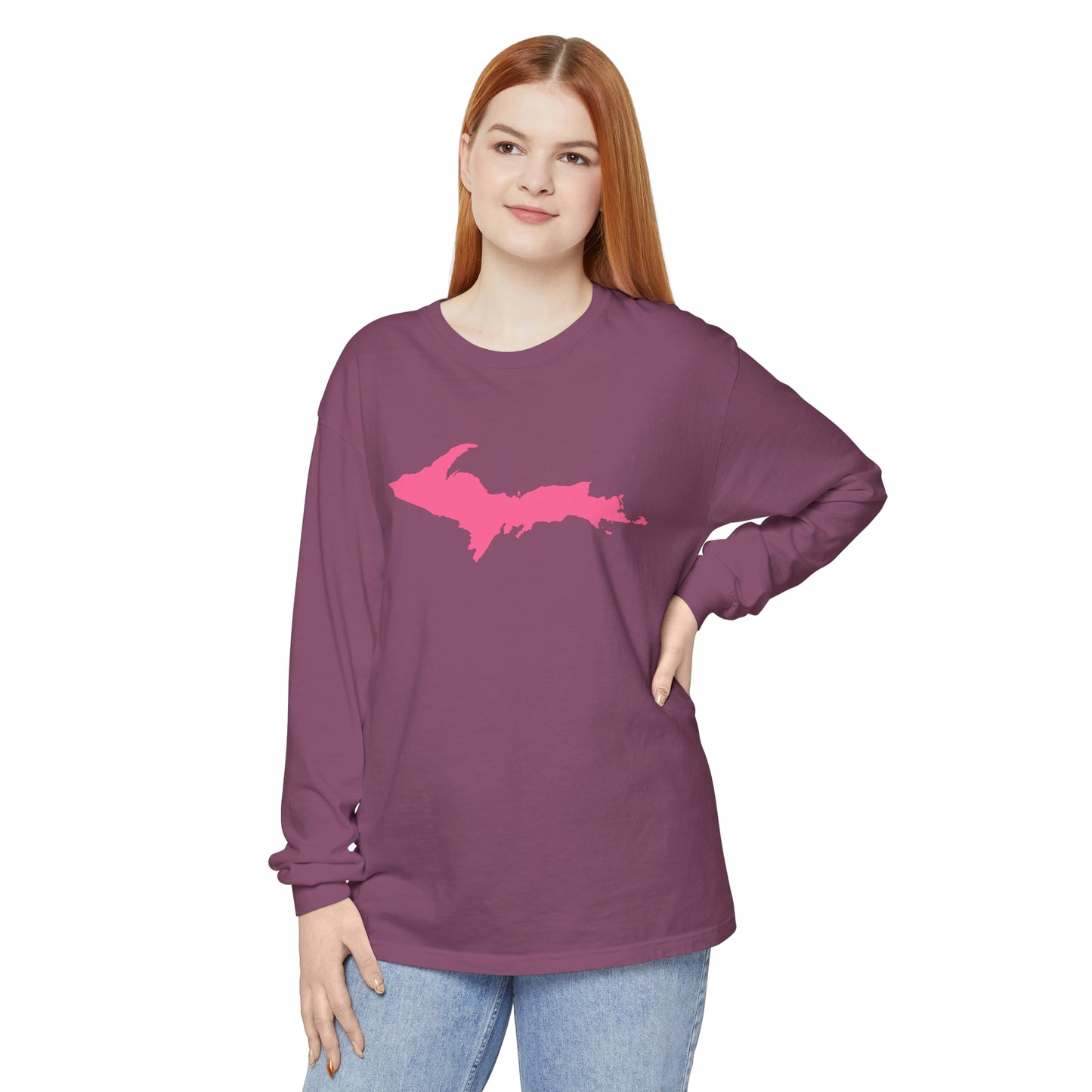 Michigan Upper Peninsula Garment-Dyed T-Shirt (w/ Pink UP Outline) | Unisex Long Sleeve