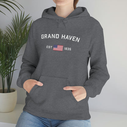 'Grand Haven EST 1835' Hoodie (w/USA Flag Outline) | Unisex Standard