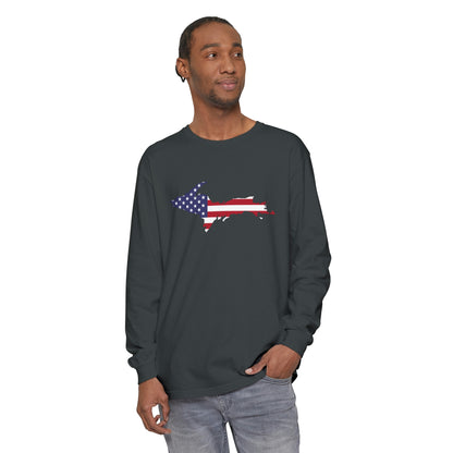 Michigan Upper Peninsula Garment-Dyed T-Shirt (w/ UP USA Flag Outline) | Unisex Long Sleeve