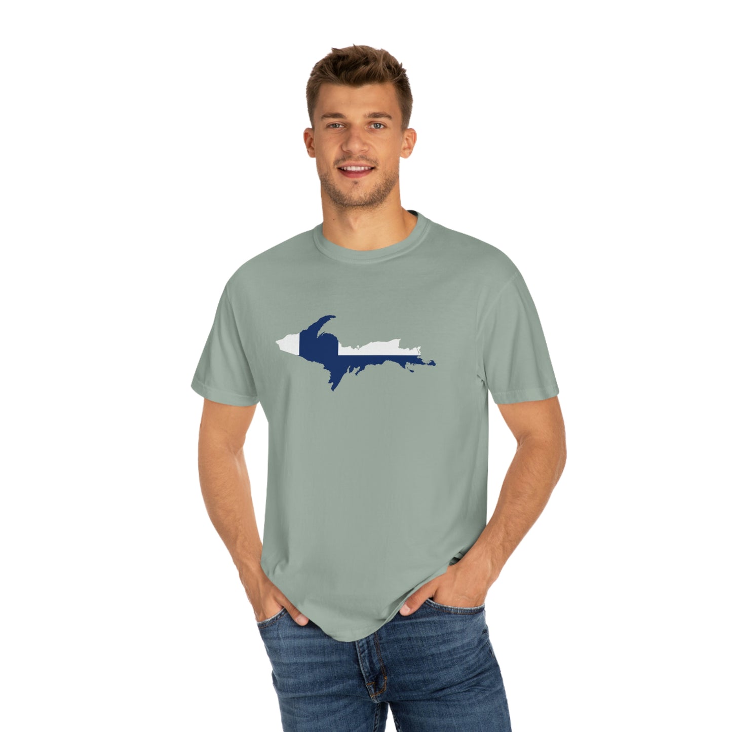 Michigan Upper Peninsula T-Shirt (w/ UP Finland Flag Outline) | Unisex Garment-Dyed