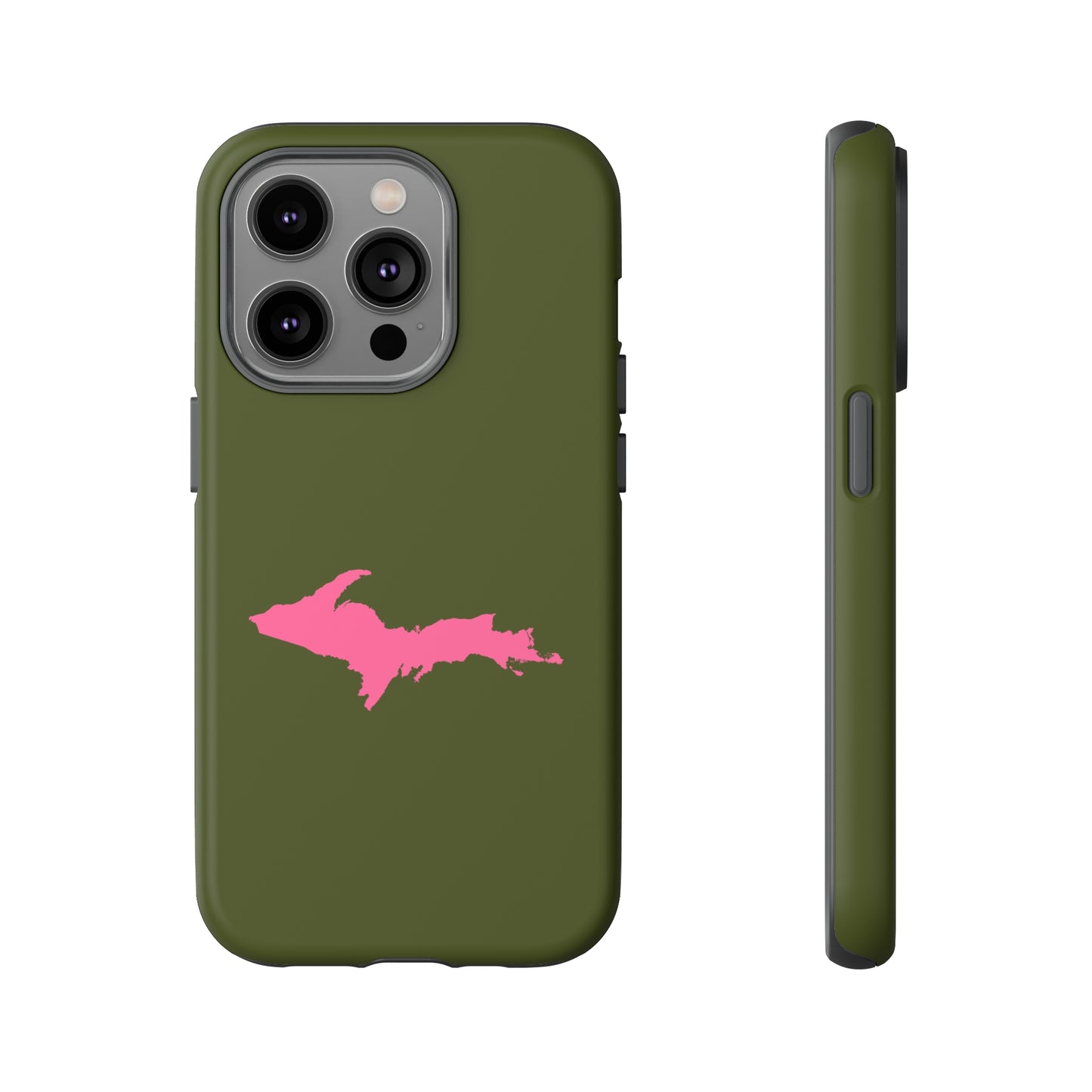 Michigan Upper Peninsula Tough Phone Case (Army Green w/ Pink UP Outline) | Apple iPhone