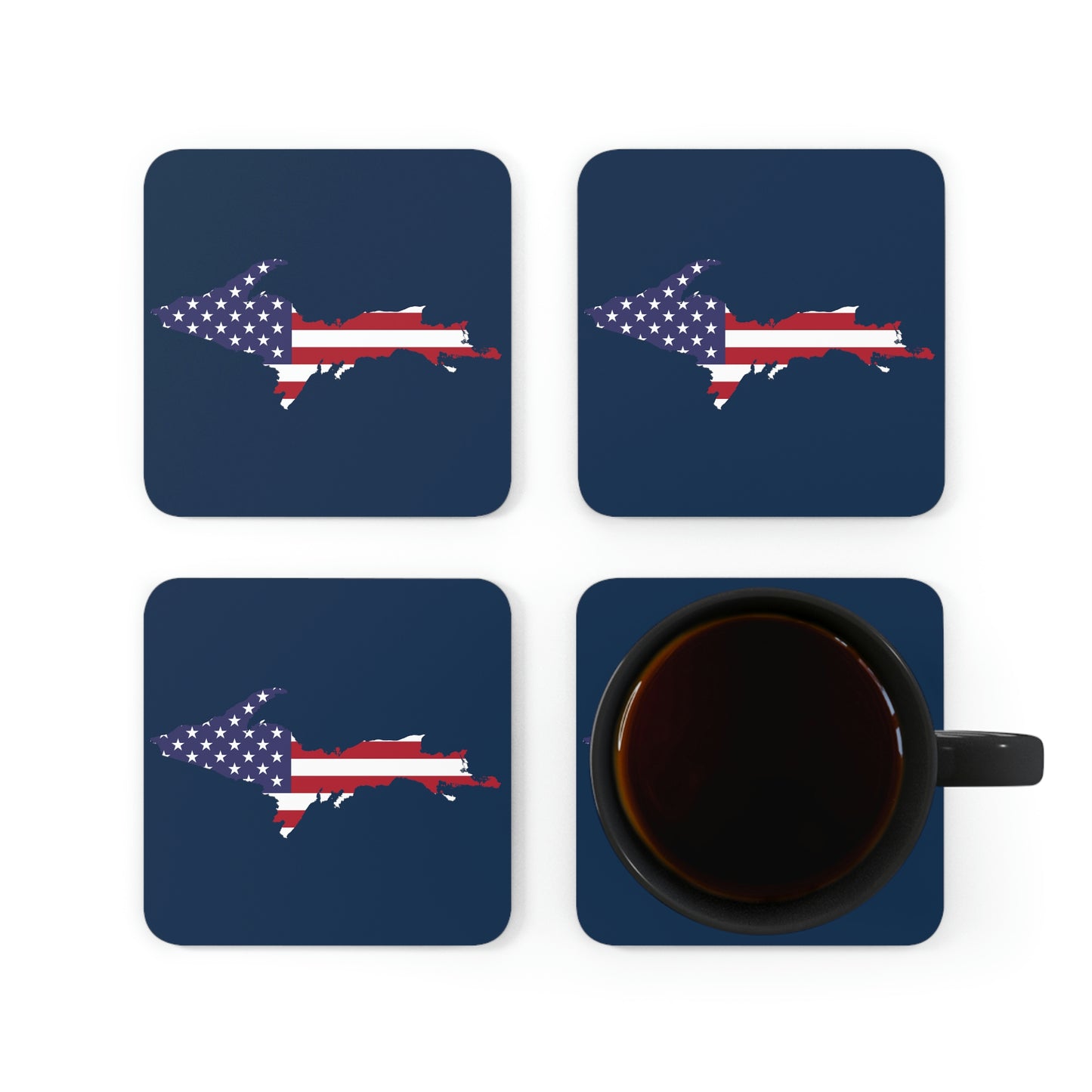 Michigan Upper Peninsula Coaster Set (Navy w/ UP USA Flag Outline) | Corkwood - 4 pack