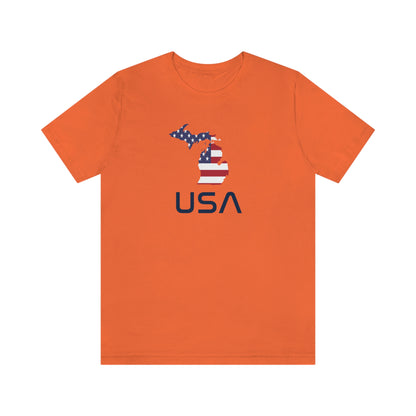 Michigan 'USA' T-Shirt (Space Agency Font w/ MI USA Flag Outline) | Unisex Standard Fit