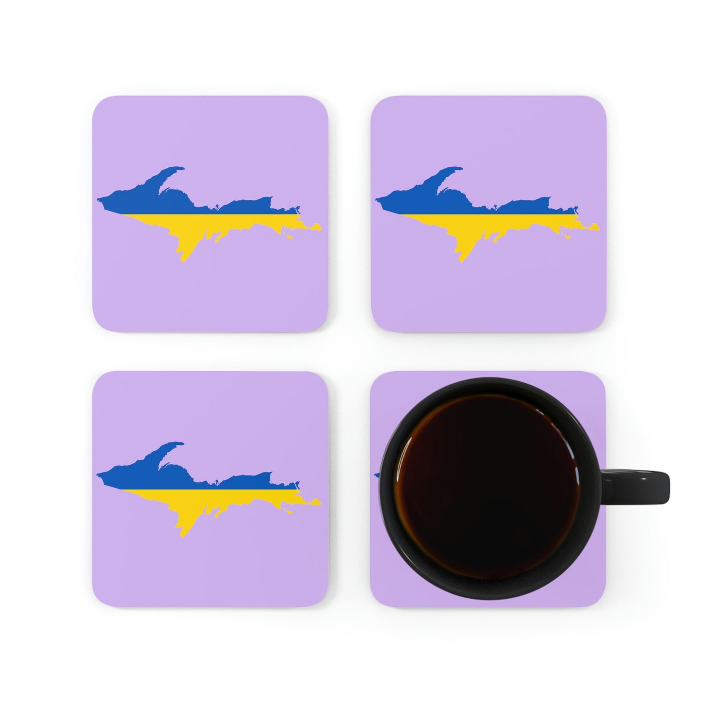 Michigan Upper Peninsula Coaster Set (Lavender w/ UP Ukraine Flag Outline) | Corkwood - 4 pack