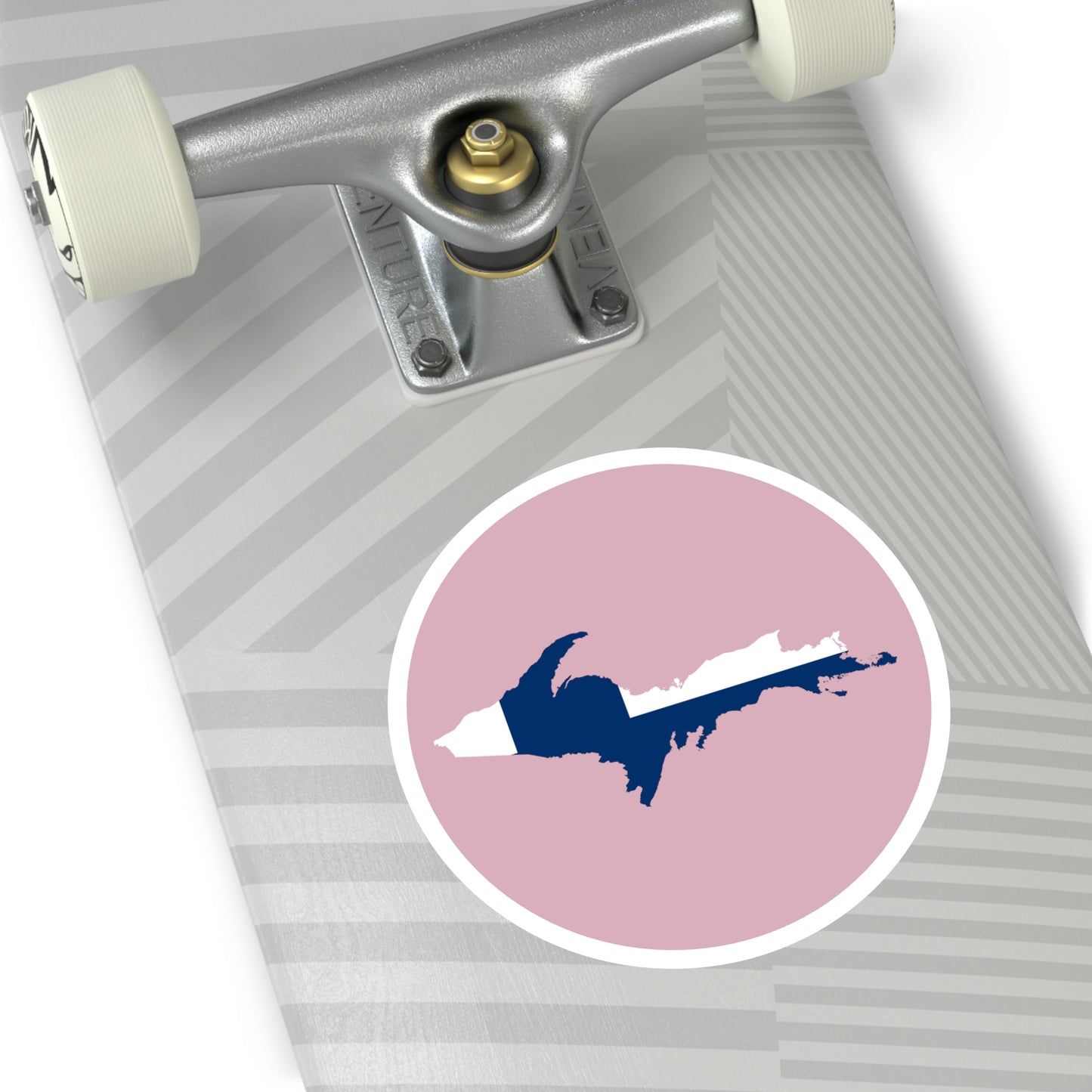 Michigan Upper Peninsula Round Stickers (Pink w/ UP Finland Flag Outline) | Indoor\Outdoor