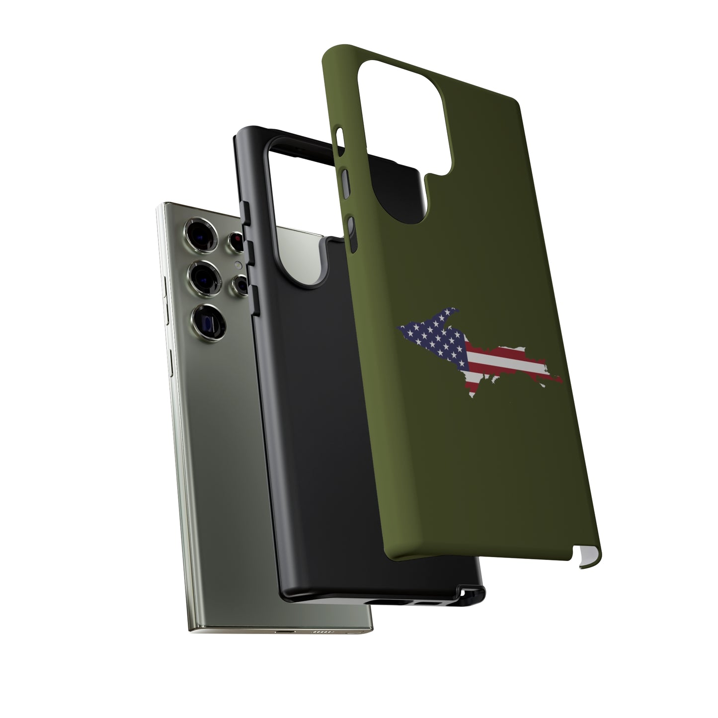 Michigan Upper Peninsula Tough Phone Case (Army Green w/ UP USA Flag Outline) | Samsung & Pixel Android