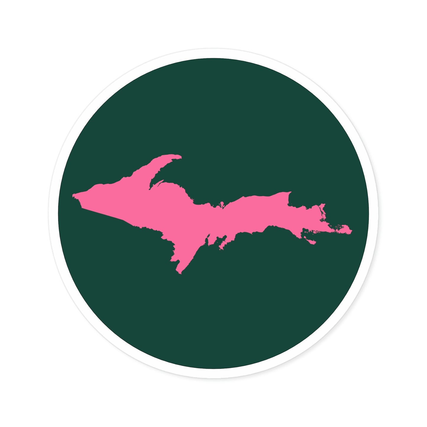 Michigan Upper Peninsula Round Stickers (Green w/ Pink UP Outline) | Indoor\Outdoor