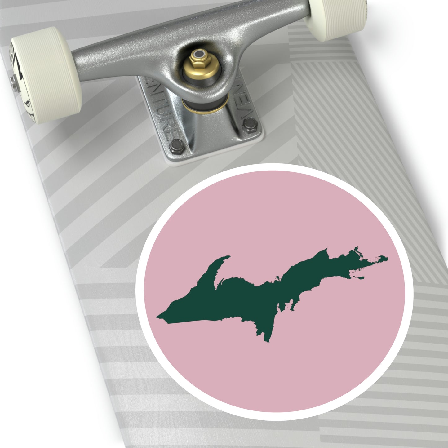 Michigan Upper Peninsula Round Stickers (Pink w/ Green UP Outline) | Indoor\Outdoor