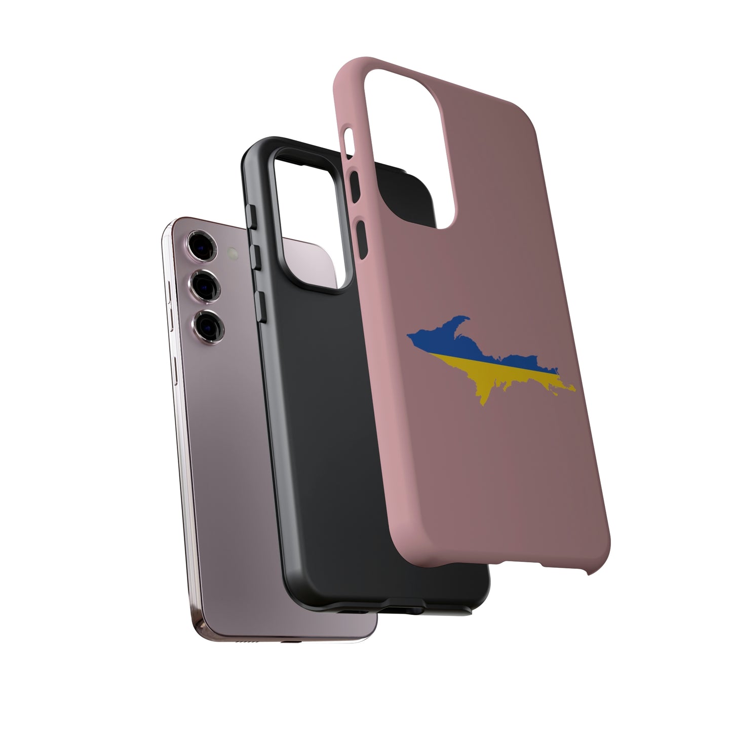 Michigan Upper Peninsula Tough Phone Case (Cherry Blossom Pink w/ UP Ukraine Flag Outline) | Samsung & Pixel Android