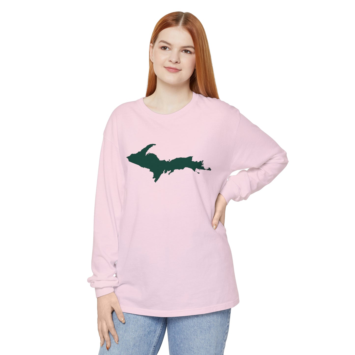 Michigan Upper Peninsula Garment-Dyed T-Shirt (w/ Green UP Outline) | Unisex Long Sleeve