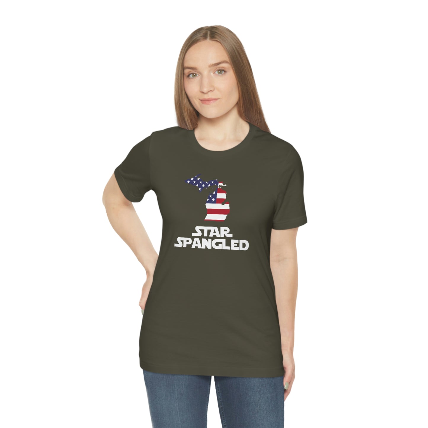 Michigan 'Star Spangled' T-Shirt (Epic Sci Fi Font w/ MI USA Flag Outline) | Unisex Standard Fit