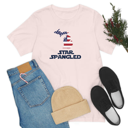 Michigan 'Star Spangled' T-Shirt (Epic Sci Fi Font w/ MI USA Flag Outline) | Unisex Standard Fit