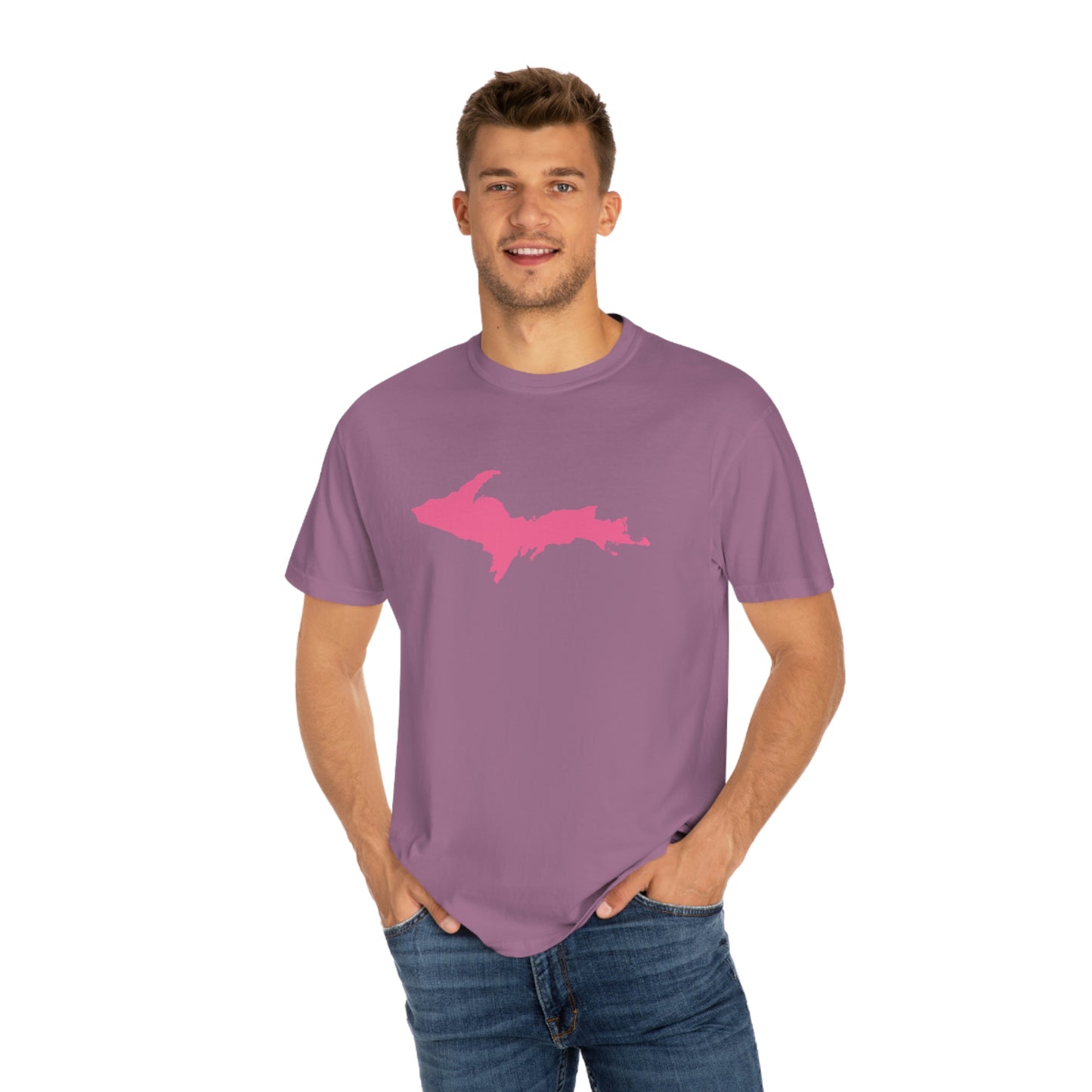 Michigan Upper Peninsula T-Shirt (w/ Pink UP Outline) | Unisex Garment-Dyed