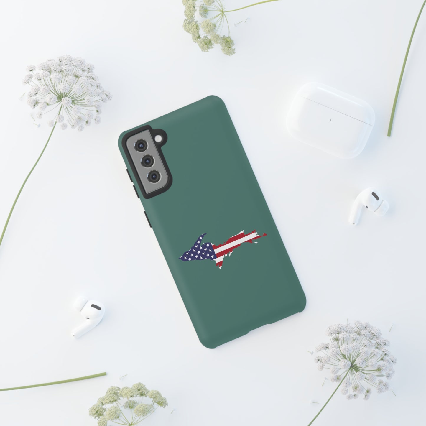 Michigan Upper Peninsula Tough Phone Case (Copper Green w/ UP USA Flag Outline) | Samsung & Pixel Android