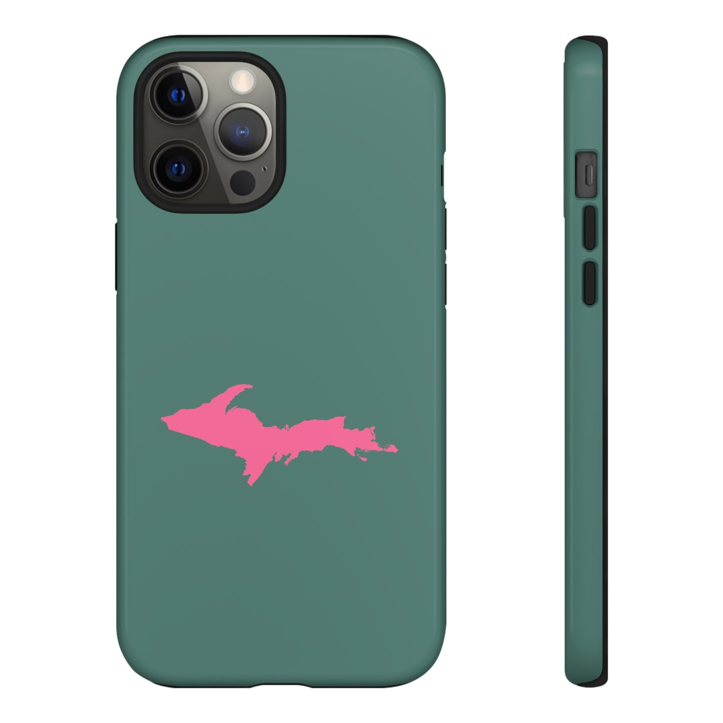 Michigan Upper Peninsula Tough Phone Case (Copper Green w/ Pink UP Outline) | Apple iPhone