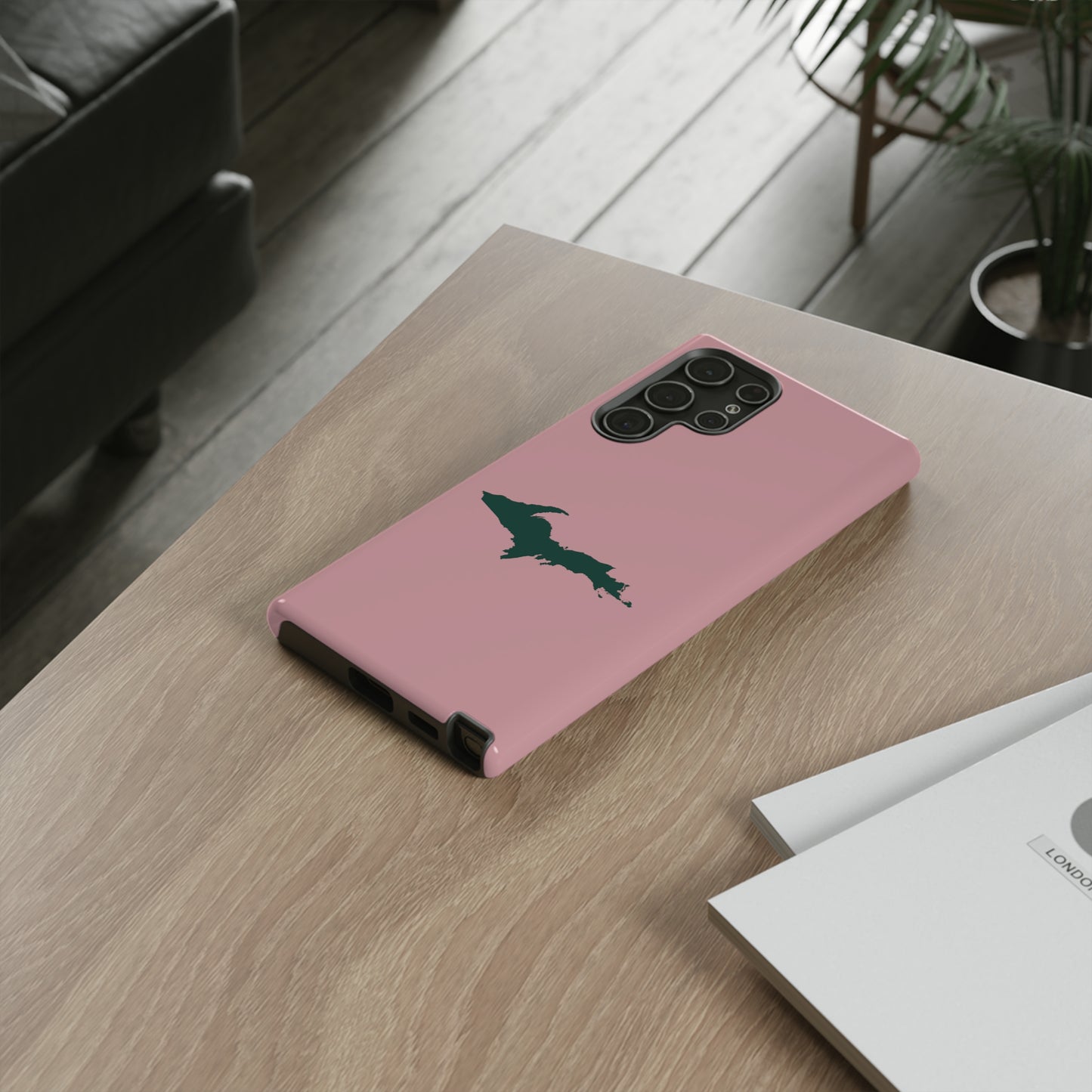 Michigan Upper Peninsula Tough Phone Case (Cherry Blossom Pink w/ Green UP Outline) | Samsung & Pixel Android