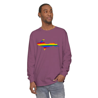 Michigan Upper Peninsula Garment-Dyed T-Shirt (w/ UP Pride Flag Outline) | Unisex Long Sleeve