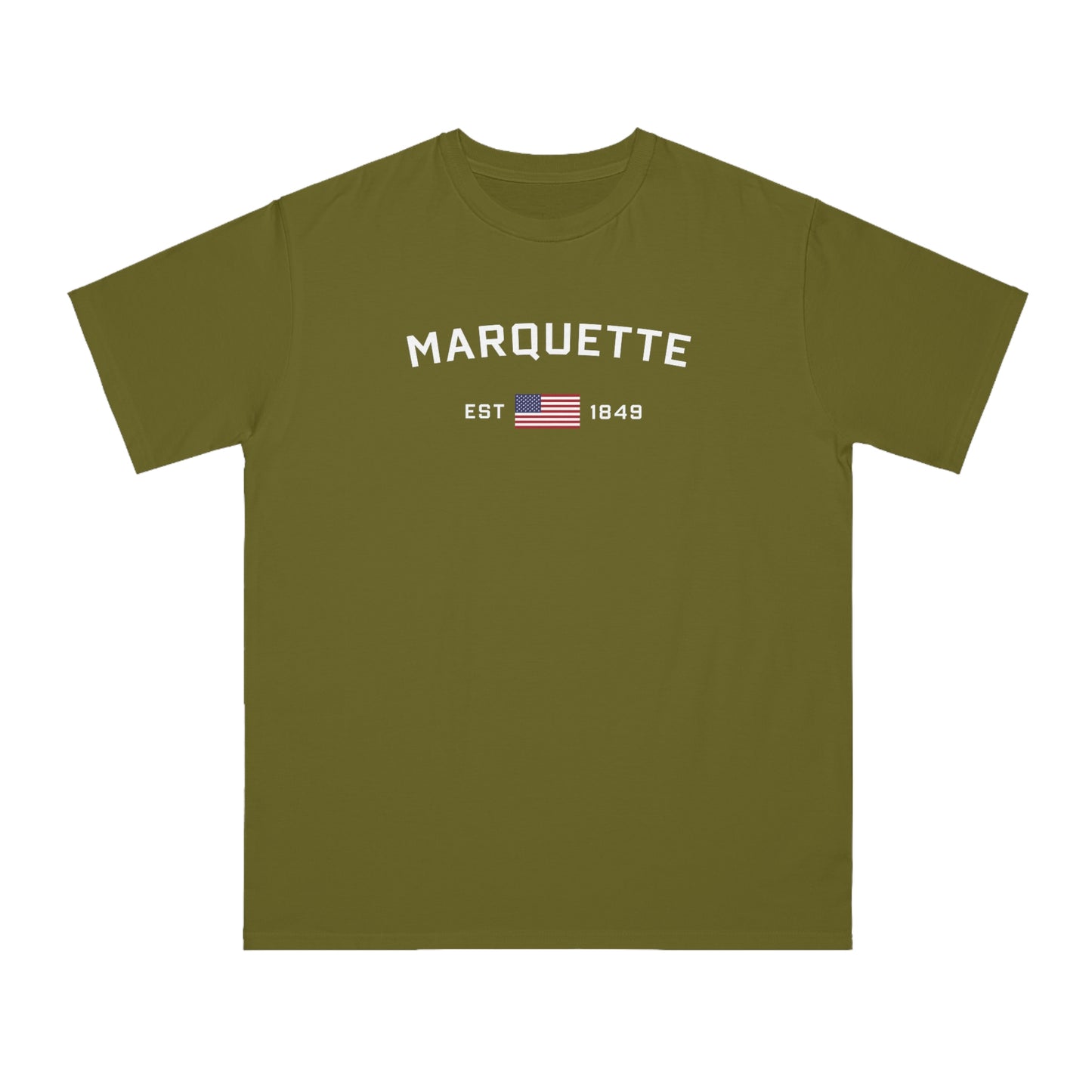 'Marquette EST 1849' T-Shirt (White/Navy Type w/ USA Flag | Organic Unisex