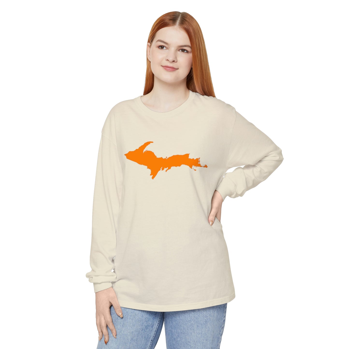 Michigan Upper Peninsula Garment-Dyed T-Shirt (w/ Orange UP Outline) | Unisex Long Sleeve