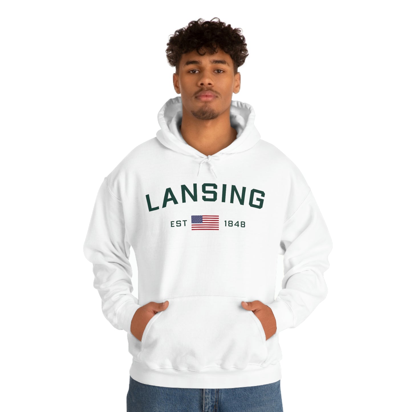 'Lansing EST 1848' Hoodie (w/USA Flag Outline) | Unisex Standard