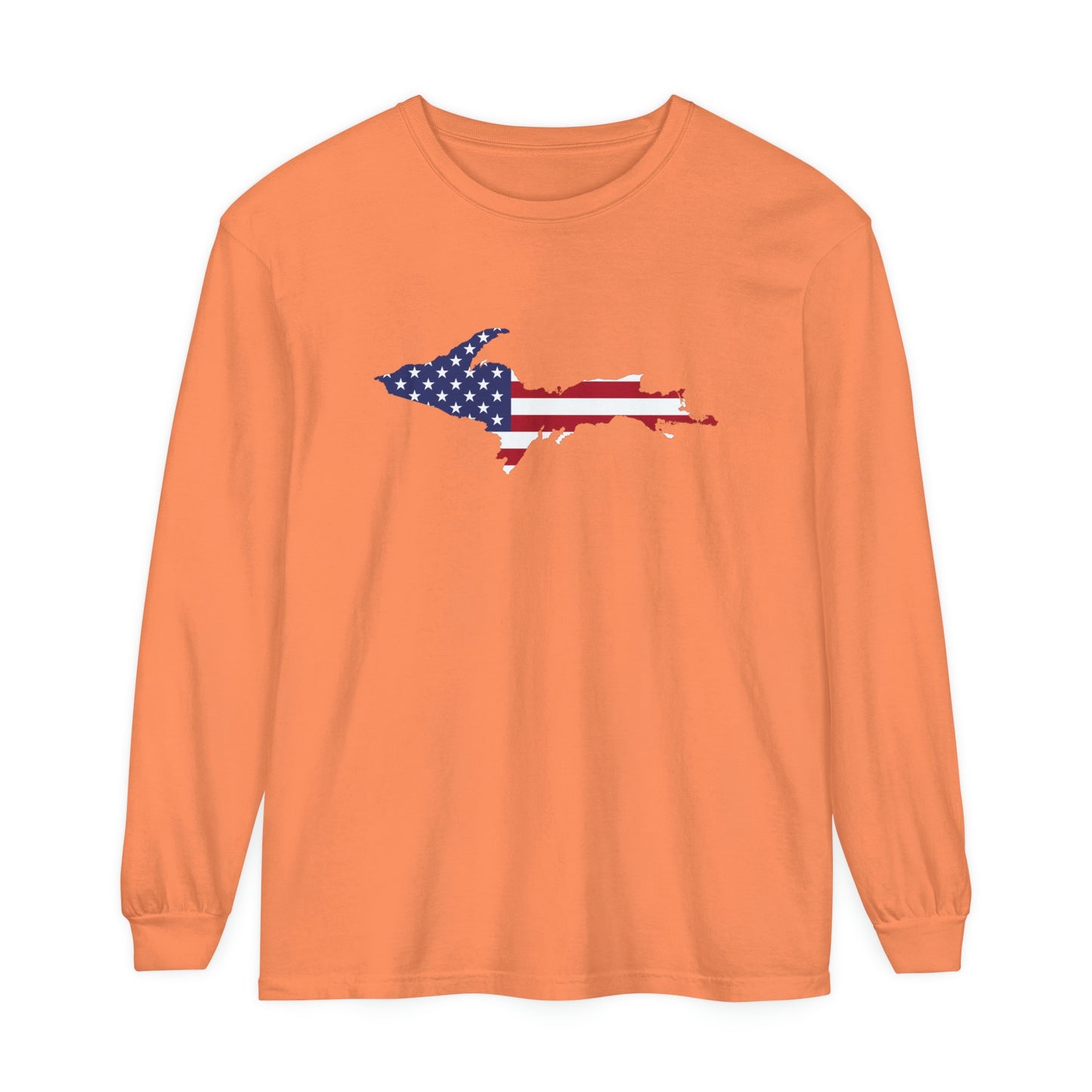 Michigan Upper Peninsula Garment-Dyed T-Shirt (w/ UP USA Flag Outline) | Unisex Long Sleeve