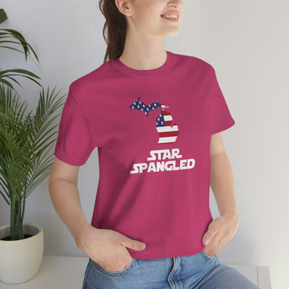 Michigan 'Star Spangled' T-Shirt (Epic Sci Fi Font w/ MI USA Flag Outline) | Unisex Standard Fit