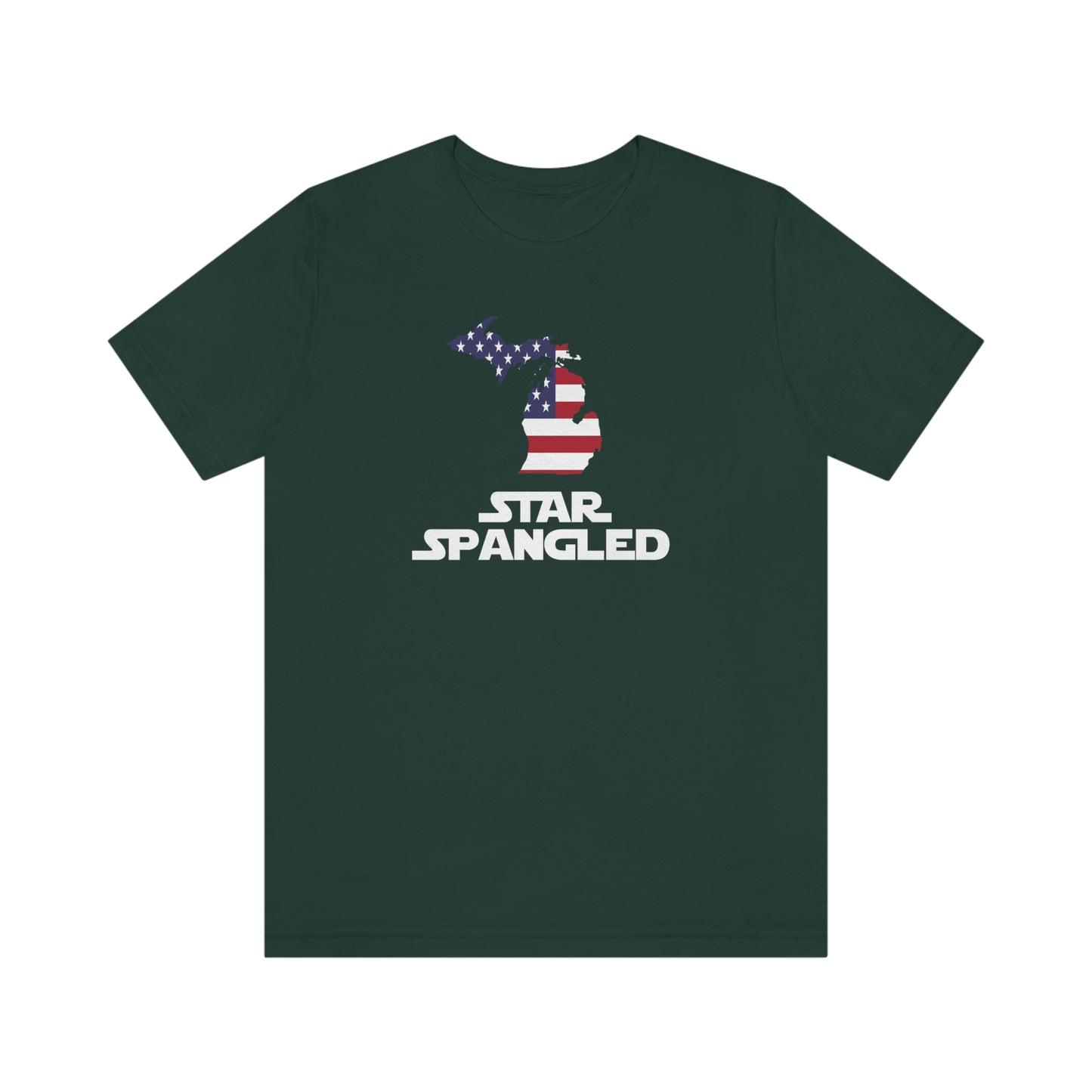 Michigan 'Star Spangled' T-Shirt (Epic Sci Fi Font w/ MI USA Flag Outline) | Unisex Standard Fit