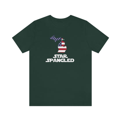 Michigan 'Star Spangled' T-Shirt (Epic Sci Fi Font w/ MI USA Flag Outline) | Unisex Standard Fit