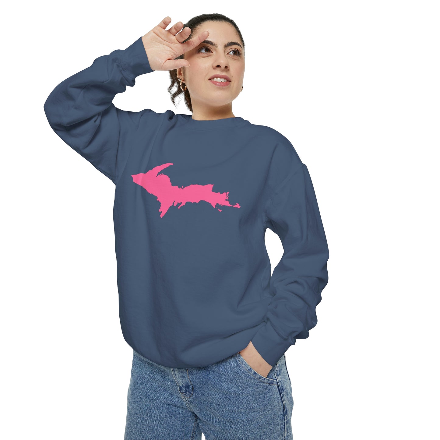 Michigan Upper Peninsula Sweatshirt (w/ Pink UP Outline) | Unisex Garment Dyed