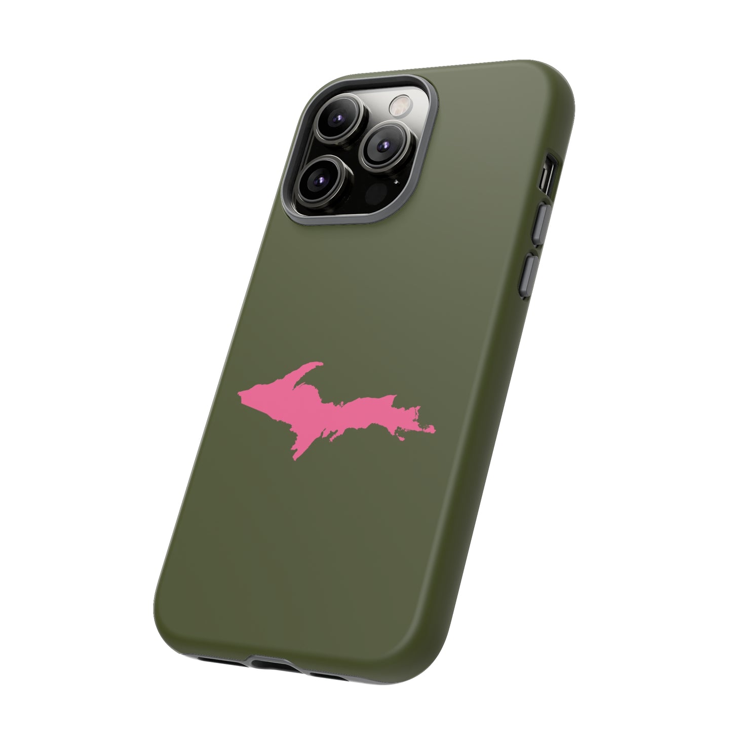 Michigan Upper Peninsula Tough Phone Case (Army Green w/ Pink UP Outline) | Apple iPhone