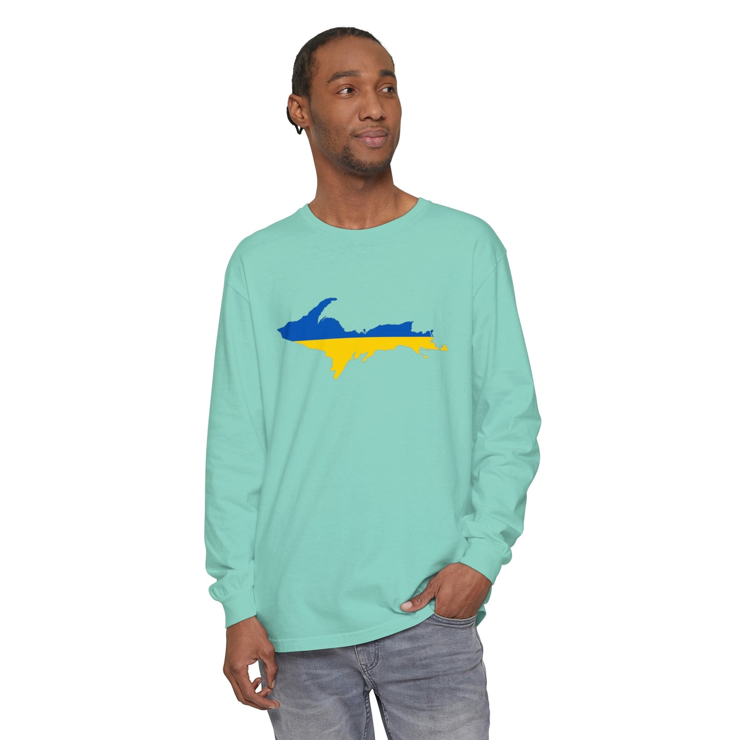 Michigan Upper Peninsula Garment-Dyed T-Shirt (w/ UP Ukraine Flag Outline) | Unisex Long Sleeve