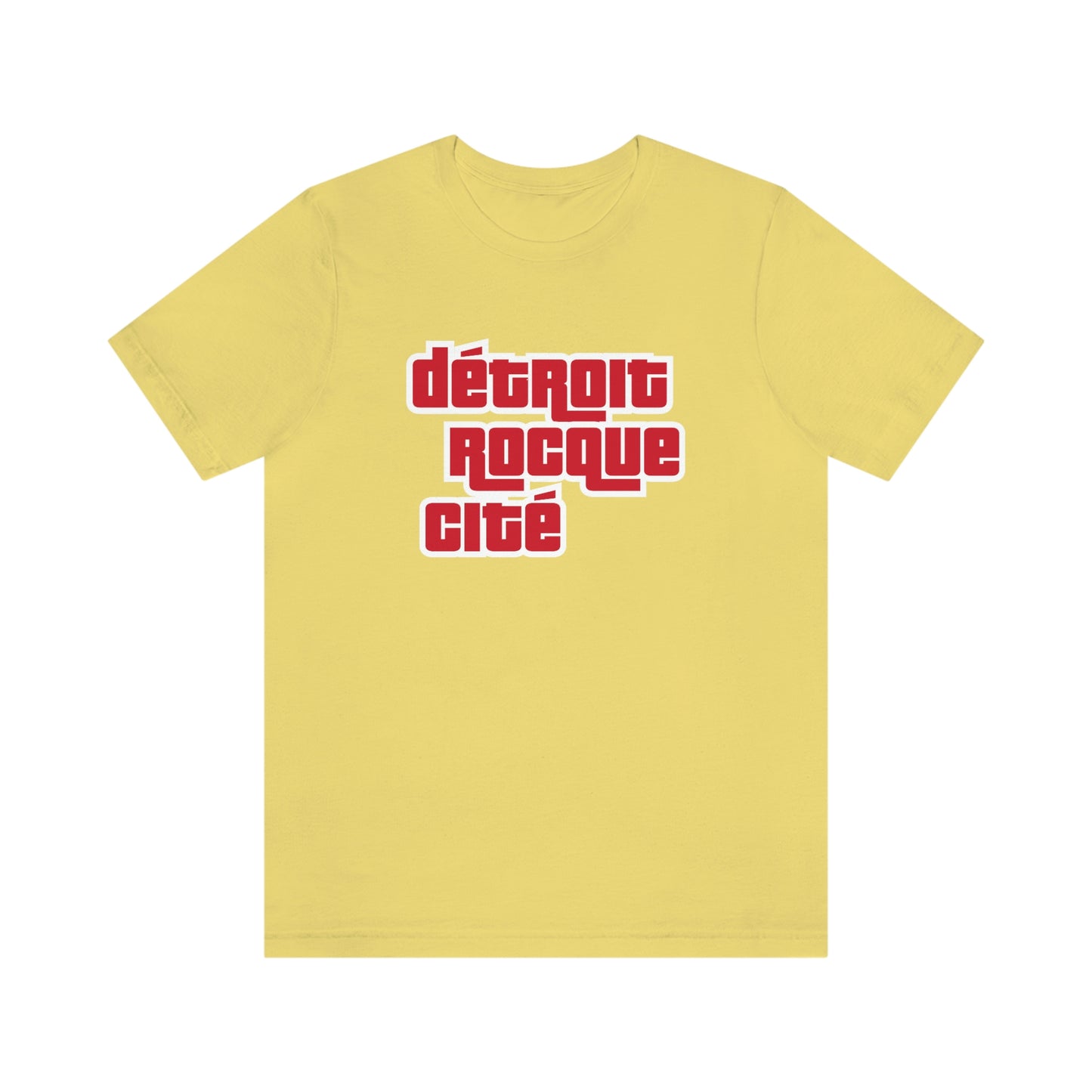 'Détroit Rocque Cité' T-Shirt (Red/White Automotive Crime Parody) | Unisex Standard Fit